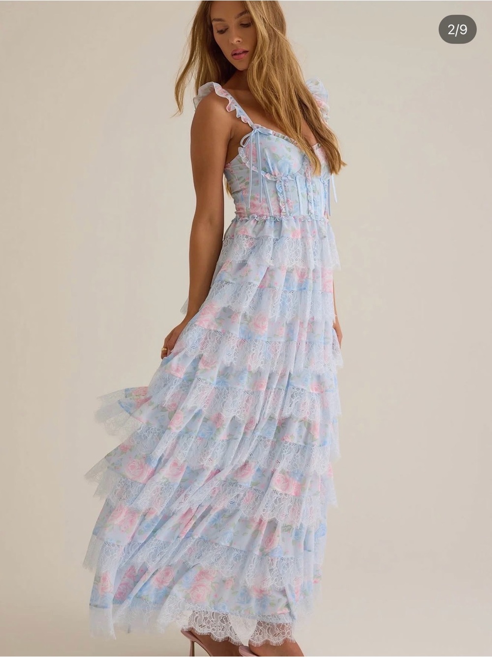 Altar'd State Pastel Blue and Pink Tiered Lace Maxi Dress